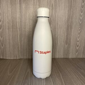 NOS Staples Store Brand Logo Metal Water Bottle 16 Oz Screw Cap White